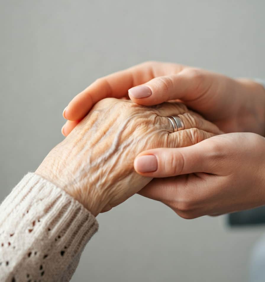 mão de idosa agarrada a mãos de cuidadora Hands Care no Apoio Domiciliário